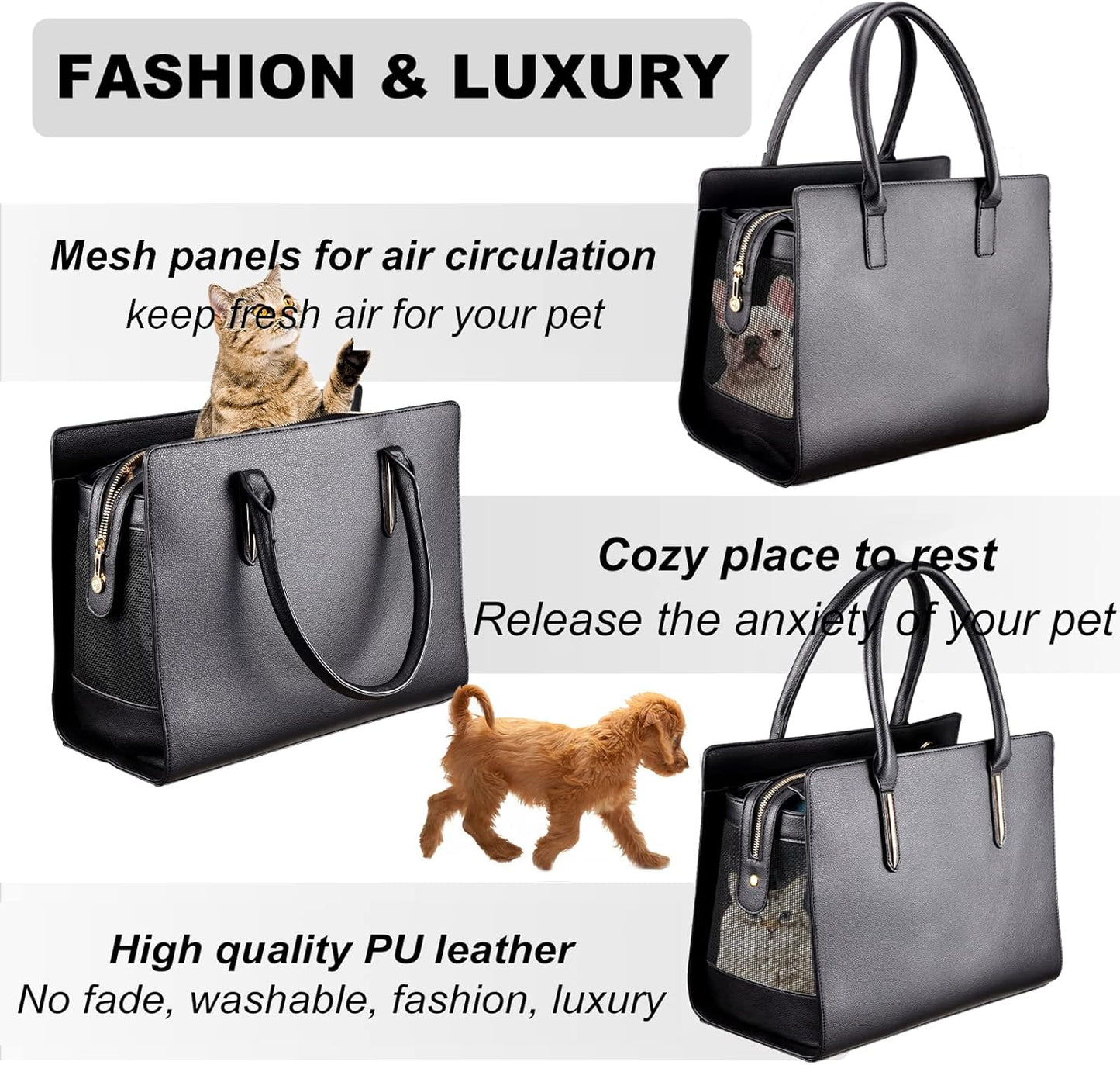 Fashion Dog Purse Carrier for Small Dogs with Shoulder Strap, Hold up to 5Lbs Quality PU Leather Pet Carrier, Cat Carrier, Airline Approved Puppy Purse Carrier for Travel (Black, Small Size)