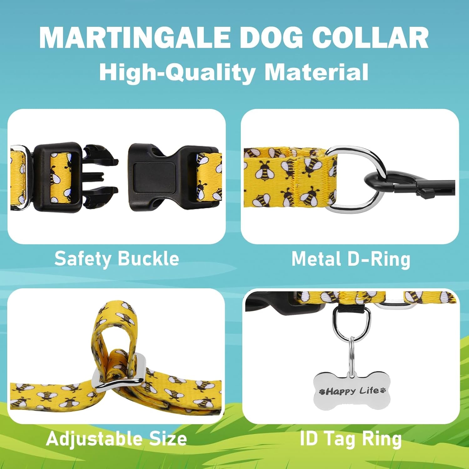 Martingale Dog Collar with Buckle Yellow Bee Dog Collar Adjustable Cute Design Patterns (Bee, Large)