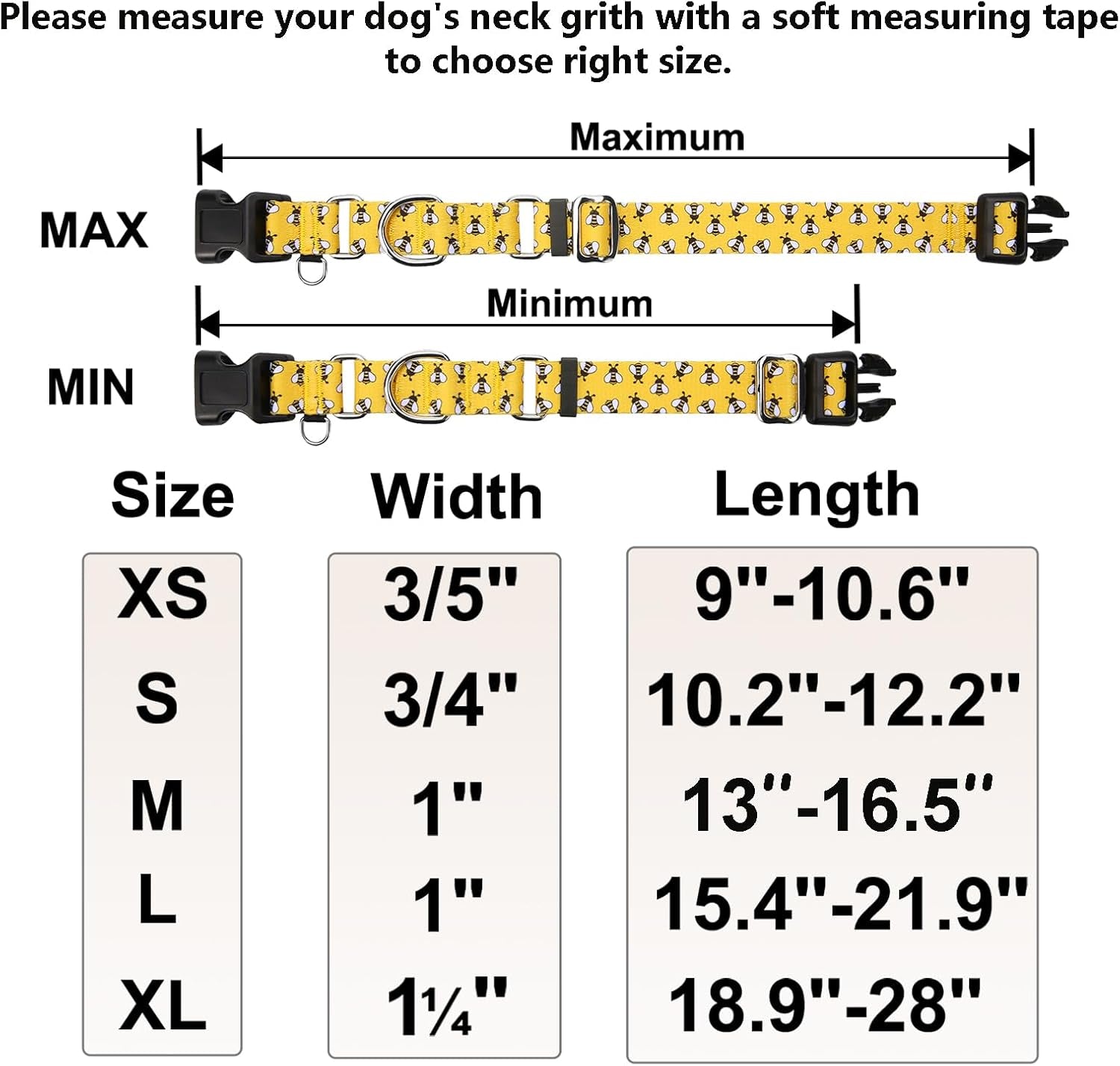 Martingale Dog Collar with Buckle Yellow Bee Dog Collar Adjustable Cute Design Patterns (Bee, Large)